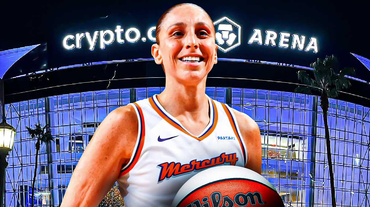 Phoenix Mercury guard Diana Taurasi, smiling, with a background of Crypto.com arena behind her.