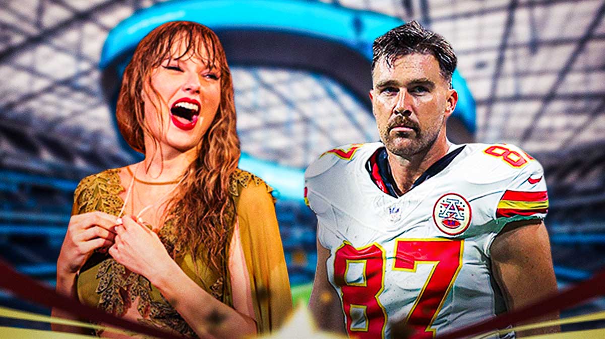 Taylor Swift with Kansas City Chiefs tight end Travis Kelce and SoFi Stadium, home of the Los Angeles Chargers, background.