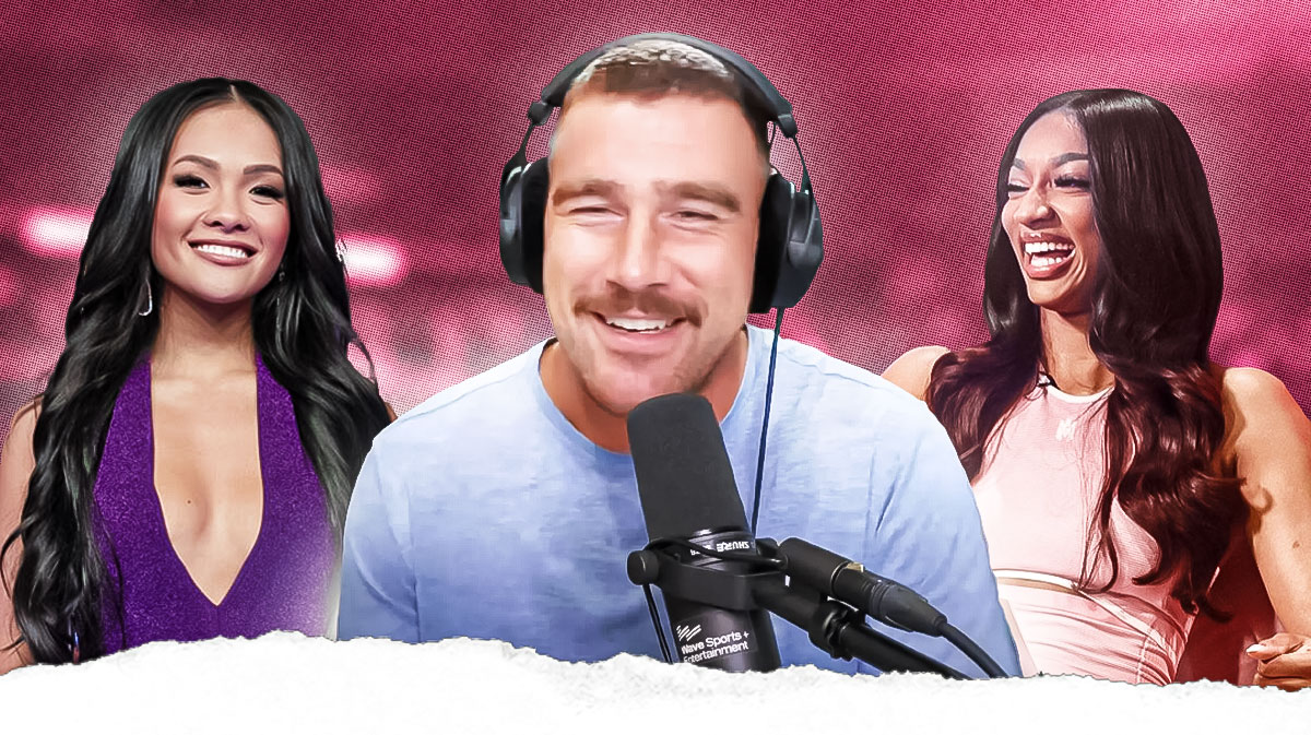 Travis Kelce on a podcast alongside Jenn Tran and Angel Reese