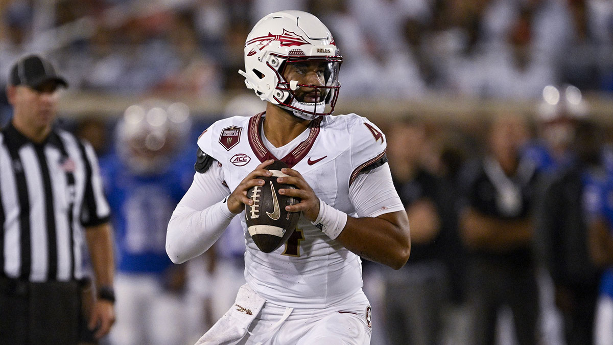 Florida State Seminoles quarterback DJ Uiagalelei (4) rolls back to pass against the Southern Methodist Mustangs during the second quarter at Gerald J. Ford Stadium.
