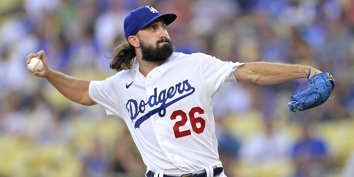 Los Angeles Dodgers starting pitcher Tony Gonsolin (26) throws to the plate in the first inning against the Oakland Athletics at Dodger Stadium.