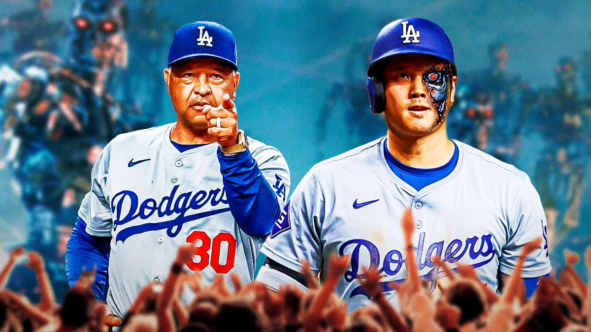 Dodgers' Dave Roberts looking at Shohei Ohtani as the Terminator