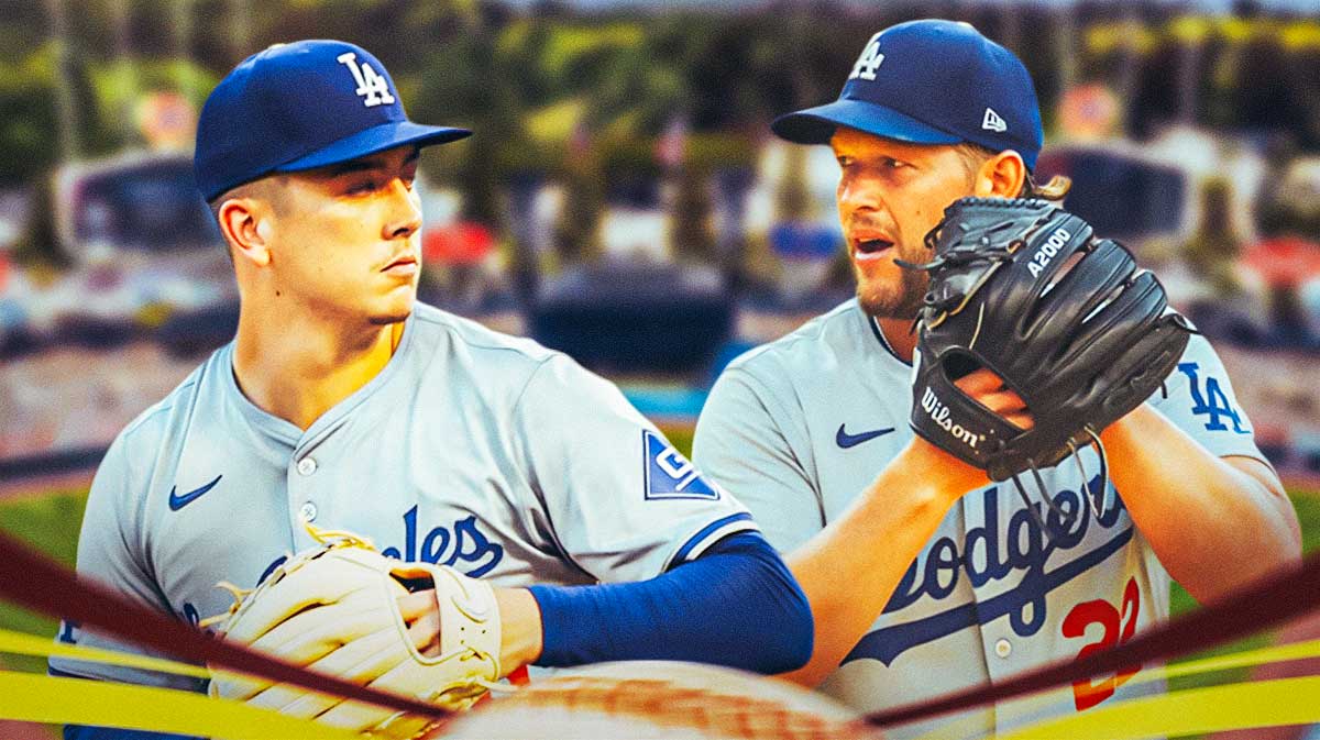 Dodgers Clayton Kershaw and Dodgers Bobby Miller both pitching baseballs at Dodger Stadium.