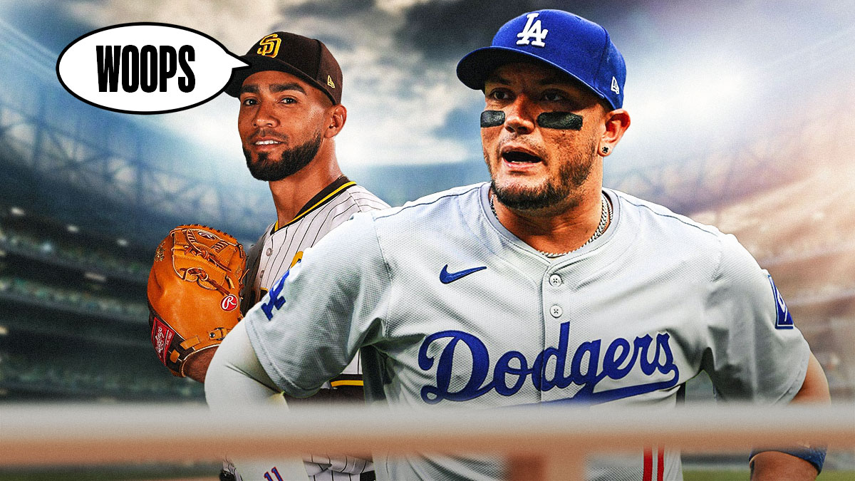 Dodgers' Miguel Rojas looking frustrated, with Padres' Robert Suarez smiling, with speech bubble on Rojas: "WOOPS"