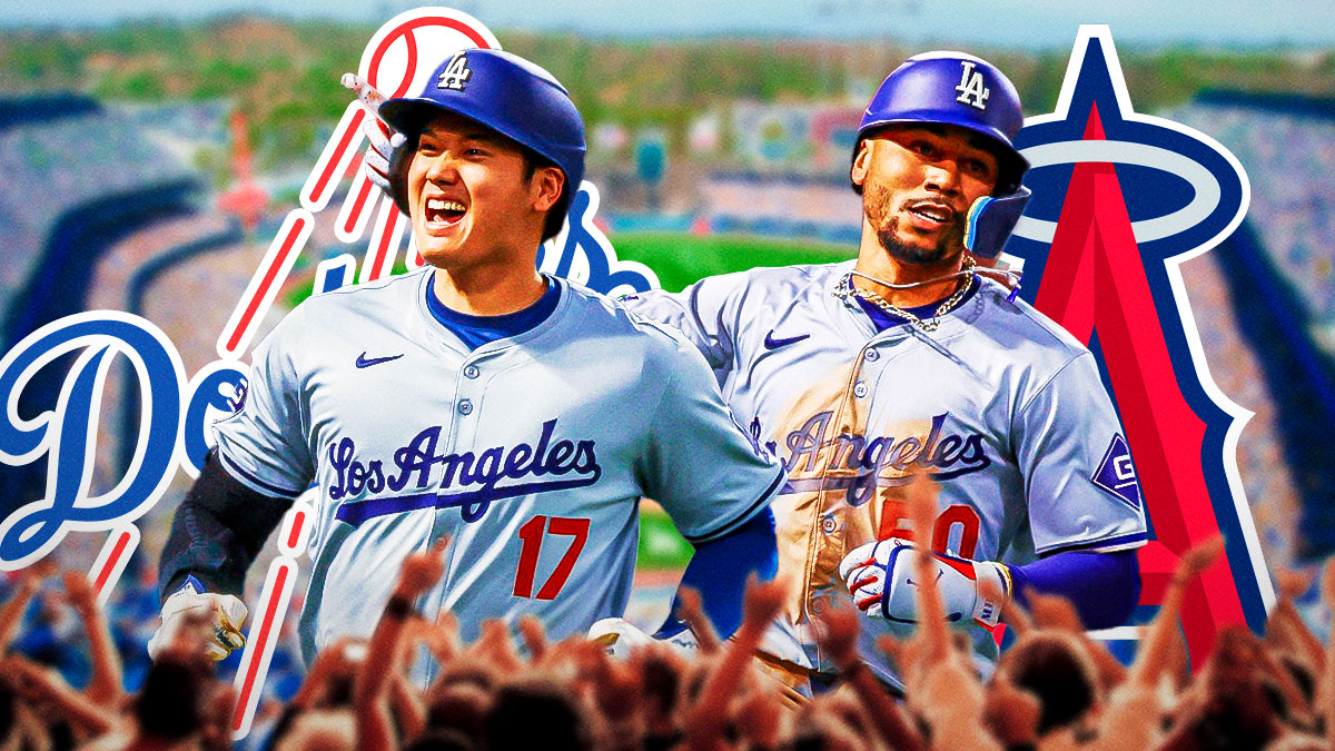 Dodgers and Angels 2024 logos in background. Dodgers Shohei Ohtani, Dodgers Mookie Betts both in image.