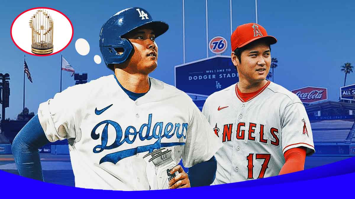 Dodgers' Shohei Ohtani smiling, with a thought bubble containing image of World Series trophy on him, with a pic of him with the Angels (2022 version) beside him