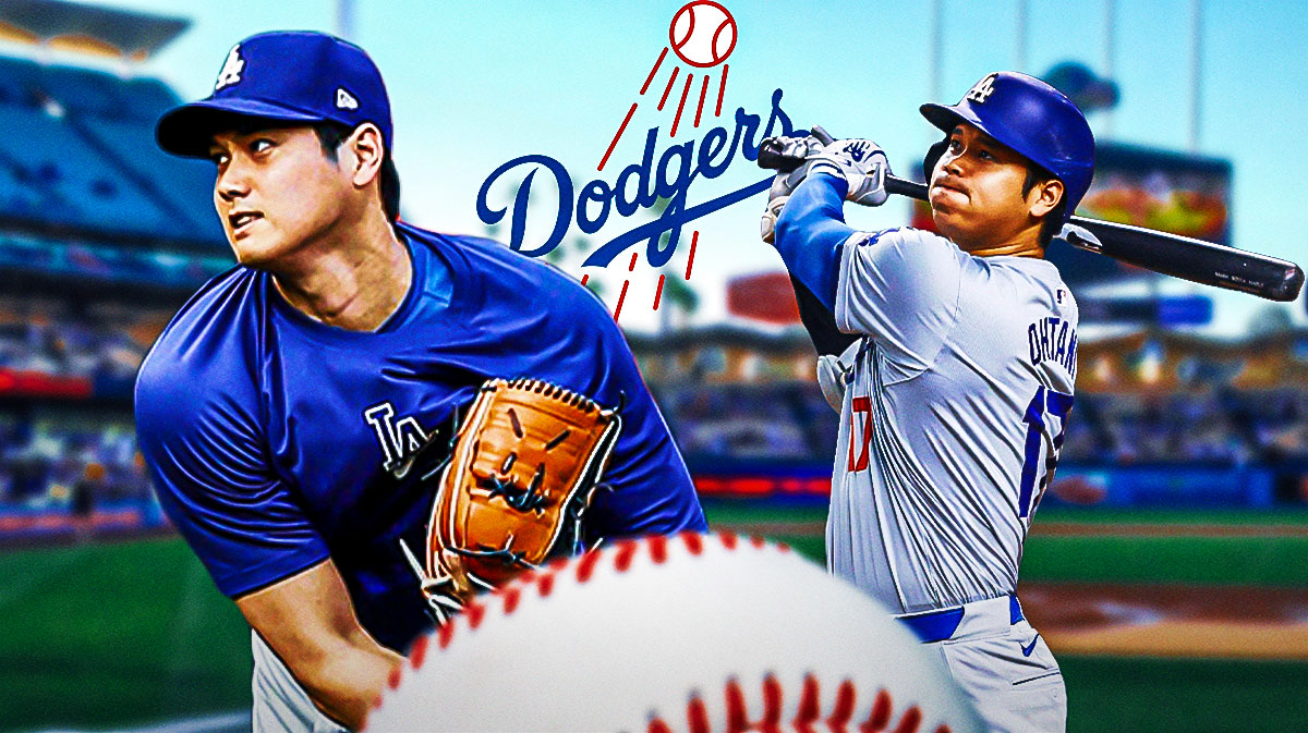 Dodgers Shohei Ohtani throwing a pitch and swinging a bat