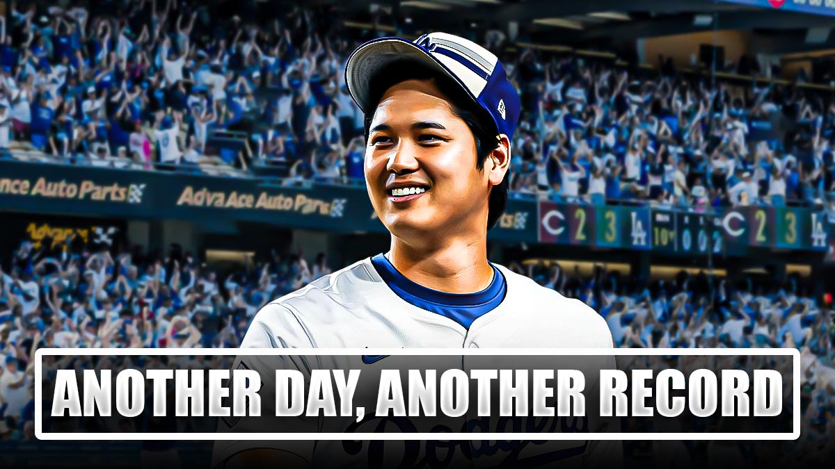 Dodgers' Shohei Ohtani smiling, with caption below: ANOTHER DAY, ANOTHER RECORD