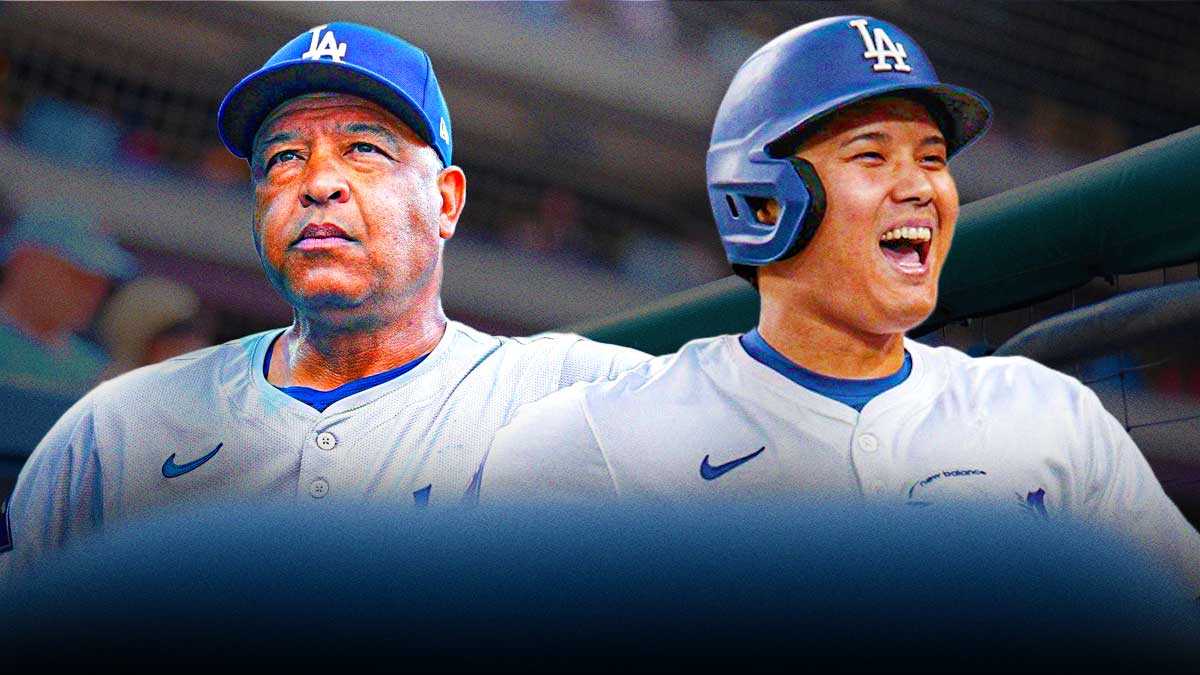 Los Angeles Dodgers manager Dave Roberts and star Shohei Ohtani in front of Dodger Stadium.