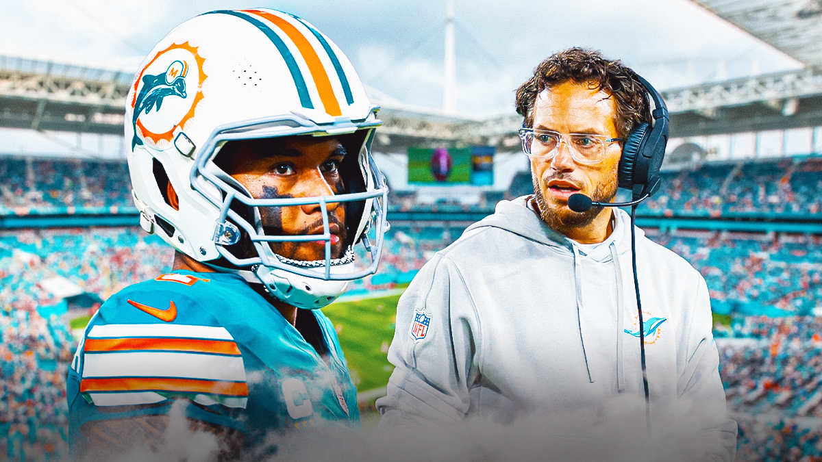 Dolphins QB Tua Tagovailoa, HC Mike McDaniel, Hard Rock Stadium behind them