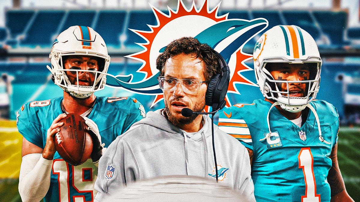 Miami Dolphins head coach Mike McDaniel with QBs Tua Tagovailoa and Skylar Thompson. There is also a logo for the Miami Dolphins.