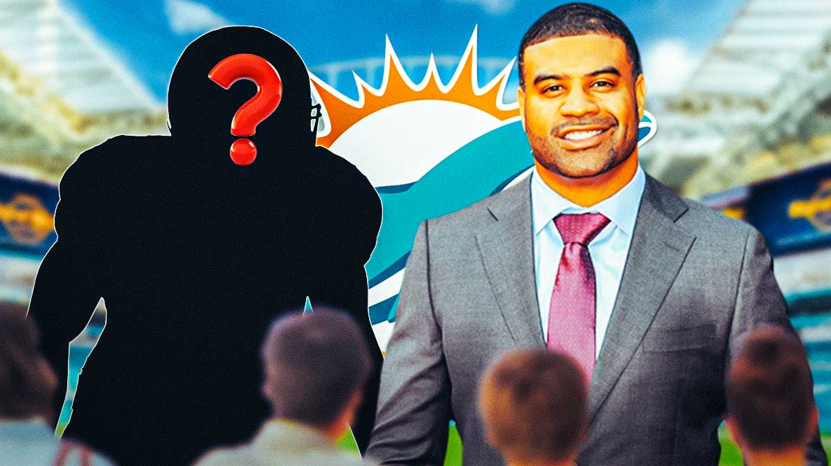 Former NFL linebacker Shawne Merriman next to a silhouette of an American football player with a big question mark emoji inside. There is also a logo for the Miami Dolphins.