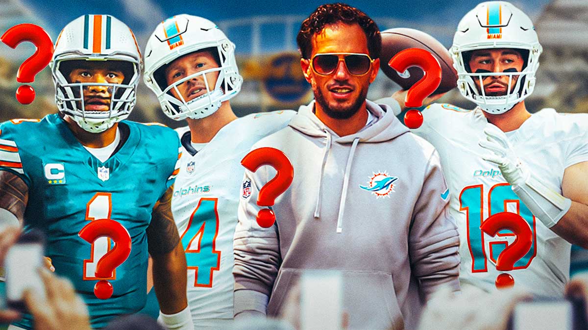 Tua Tagovailoa, Tim Boyle, Mike McDaniel and Skylar Thompson surrounded by question marks with a Dolphins-themed BG.