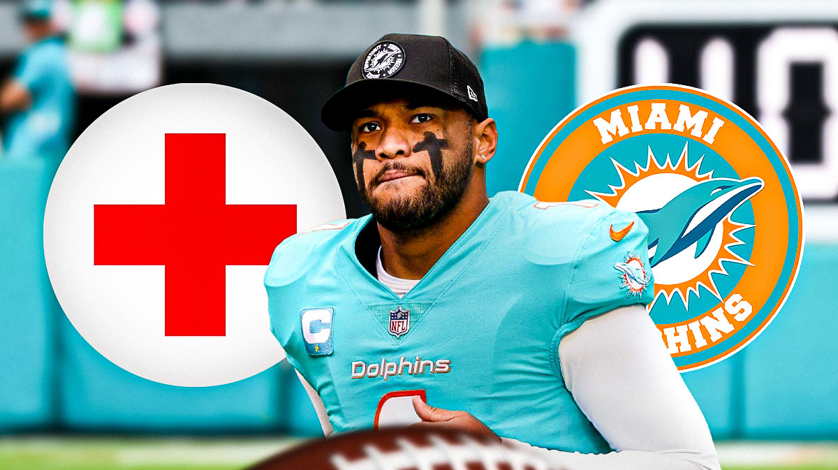 Miami Dolphins QB Tua Tagovailoa with an injury symbol. There is also a logo for the Miami Dolphins.