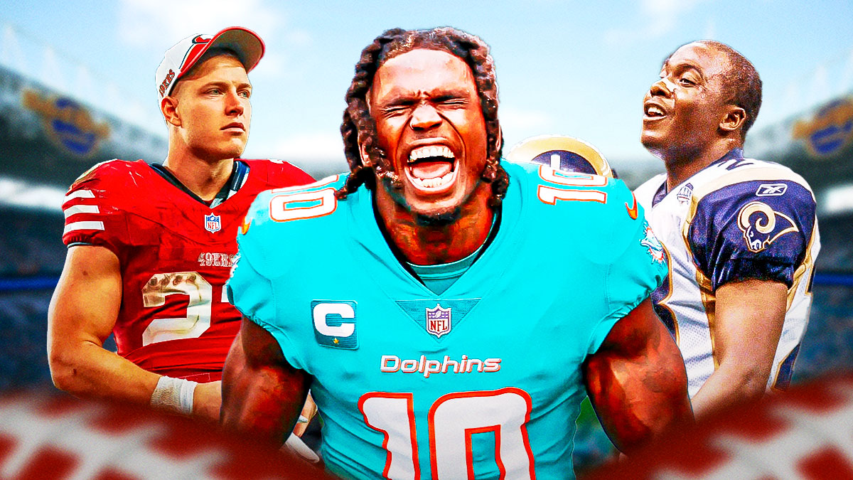 Tyreek Hill in a Dolphins jersey and Marshall Faulk, and Christian McCaffrey in a 49ers jersey.