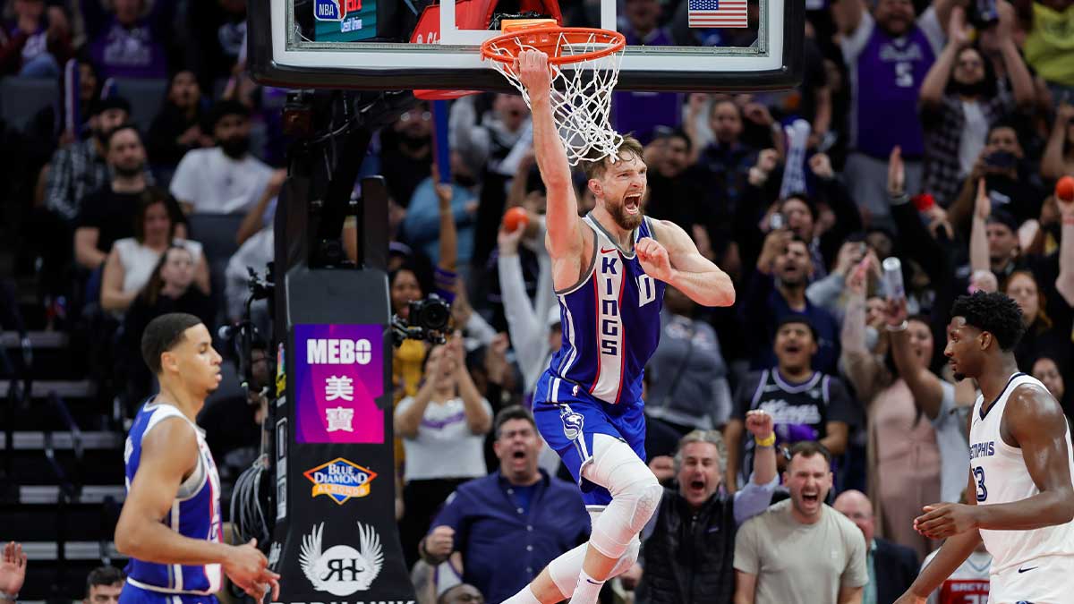 Sacramento Kings forward Domantas Sabonis (10) celebrates after scoring a basket during overtime against the Memphis Grizzlies at Golden 1 Center.