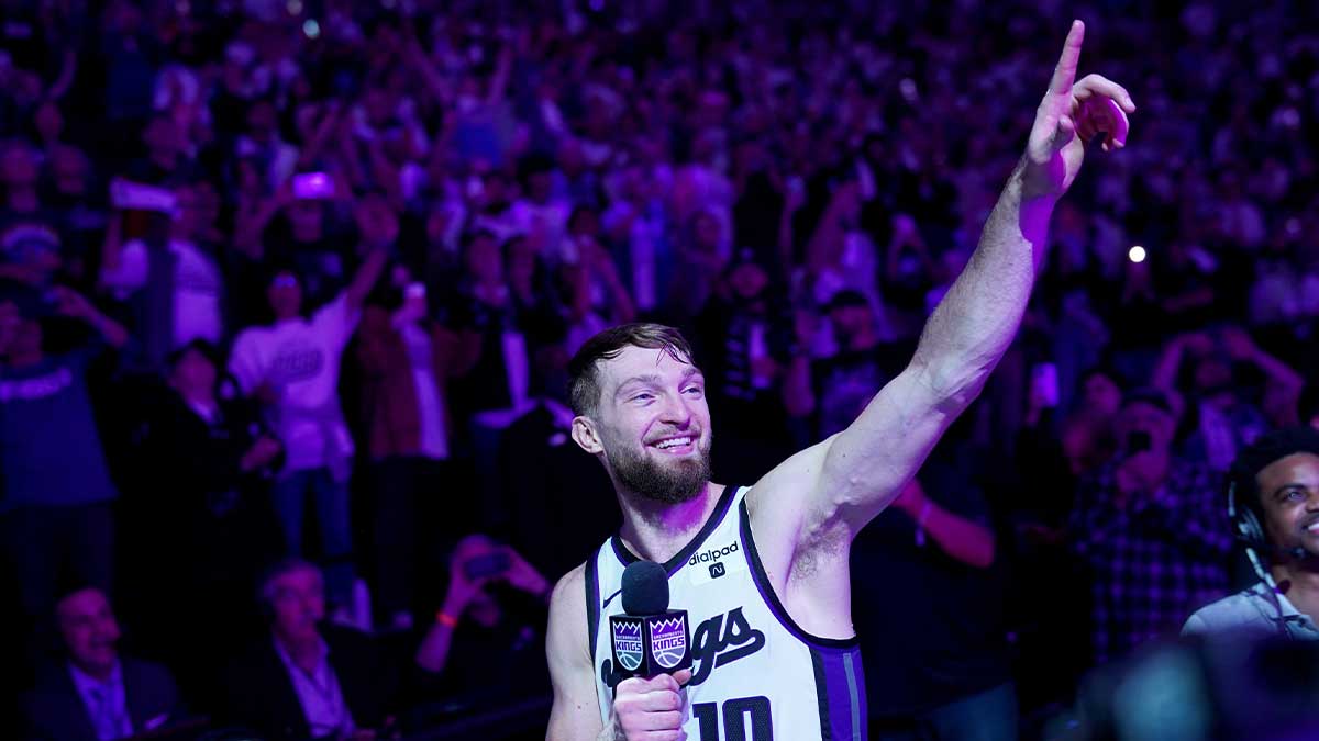 Sacramento Kings forward Domantas Sabonis (10) celebrates after the Kings defeated the Golden State Warriors during a play-in game of the 2024 NBA playoffs at the Golden 1 Center.
