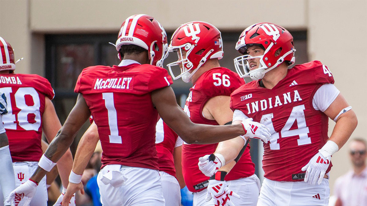 Indiana's Zach Horton (44) clelebrates a touchdown with Donaven McCulley (1) during the first half of the Indiana versus Florida International football game at Memorial Stadium on Saturday, Aug. 31, 2024.