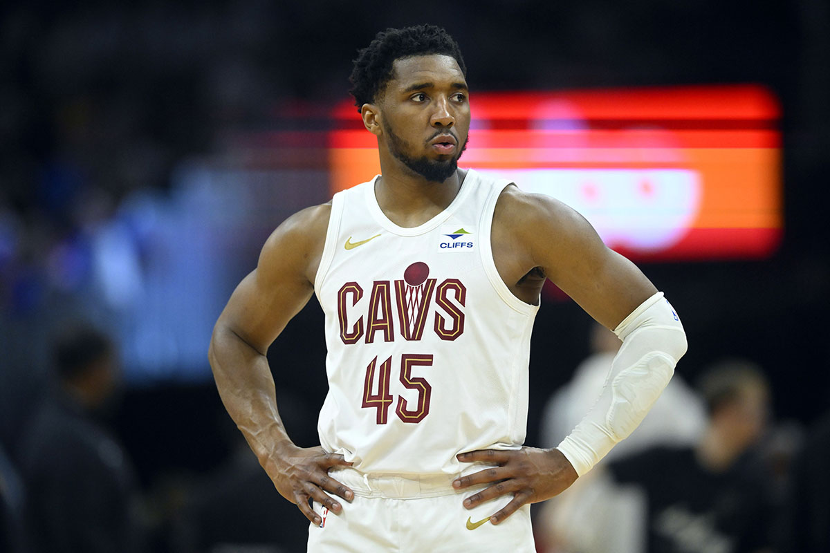 Cleveland Cavaliers guard Donovan Mitchell (45) stands on the court in the second quarter of game three of the second round of the 2024 NBA playoffs against the Boston Celtics at Rocket Mortgage FieldHouse.