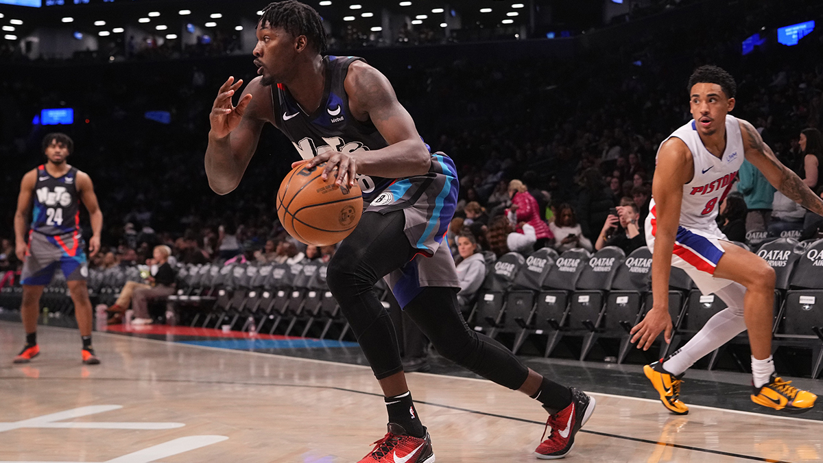 Brooklyn Nets power forward Dorian Finney-Smith (28) dribbles the ball against the Detroit Pistons during the second half at Barclays Center.