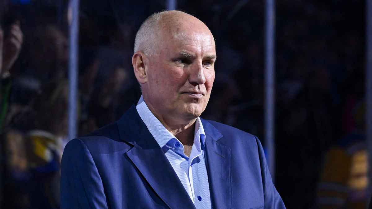 St. Louis Blues general manager Doug Armstrong looks on before a game against the Vegas Golden Knights at Enterprise Center.
