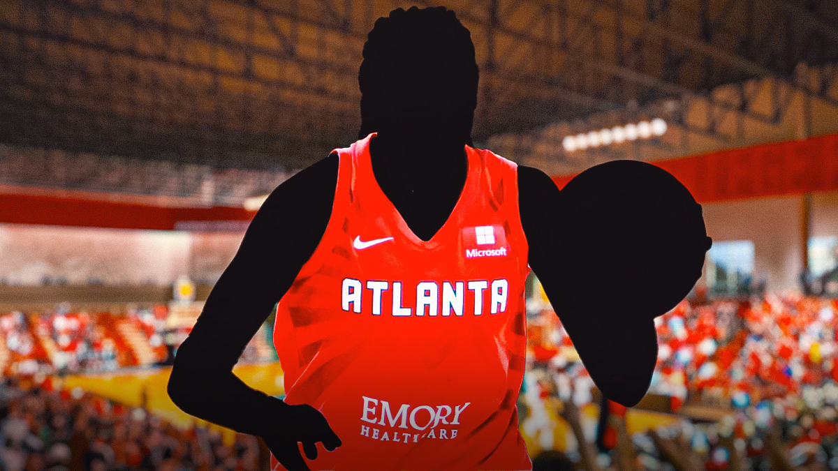 A shadowy player in an Atlanta Dream jersey with the Atlanta Dream arena in the background, Ezinne Kalu roster