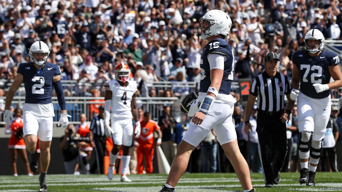 Penn State Nittany Lions quarterback Drew Allar (15) celebrates after scoring a touchdown during the first quarter against the Bowling Green Falcons at Beaver Stadium.
