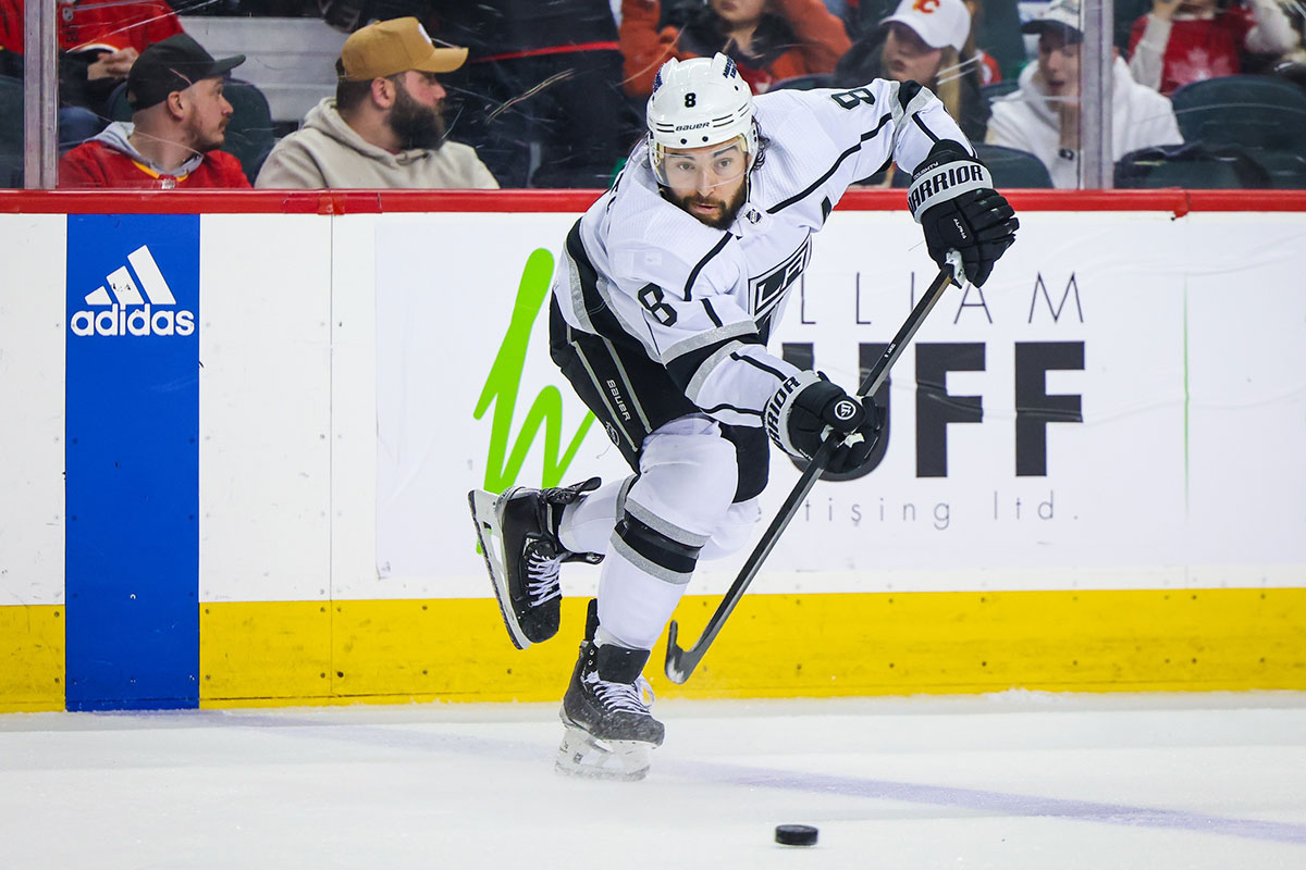 Los Angeles Kings defenseman Drew Doughty (8) passes the puck against the Calgary Flames during the third period at Scotiabank Saddledome.