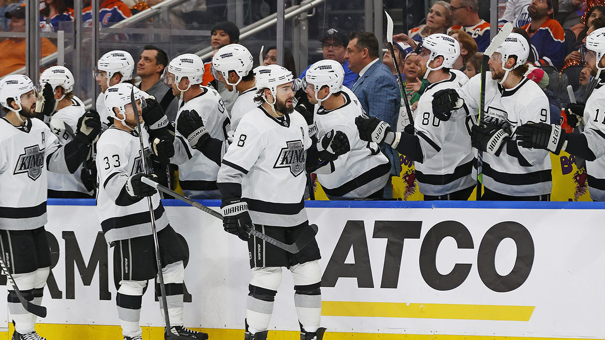 The Los Angeles Kings celebrate a goal by defensemen Drew Doughty (8) during the first period against the Edmonton Oilers in game two of the first round of the 2024 Stanley Cup Playoffs at Rogers Place.