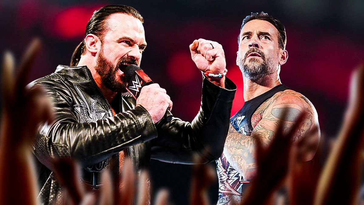 WWE stars Drew McIntyre (with friendship bracelet) and CM Punk with Monday Night RAW background.