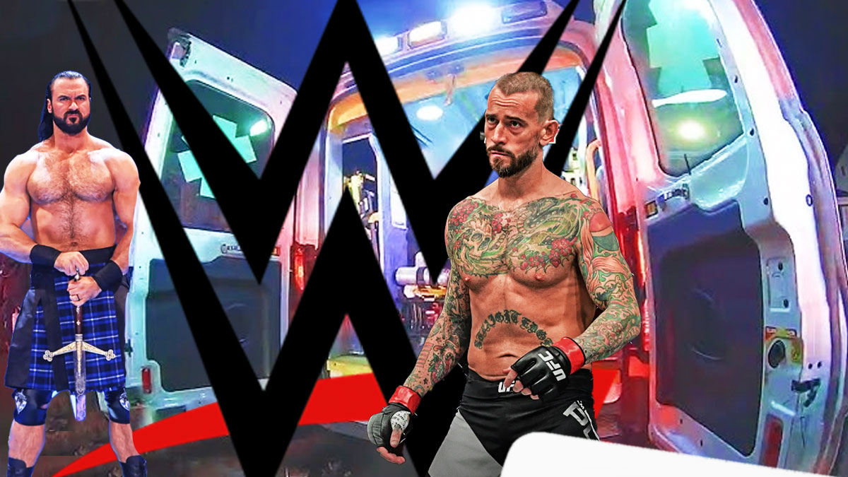 CM Punk in an ambulance with Drew McIntyre outside of it with the WWE logo in the background.