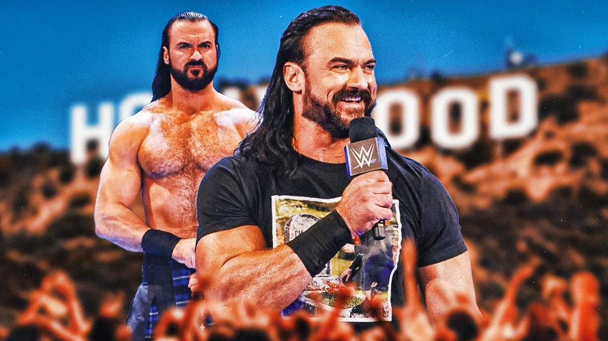 WWE and The Killer's Game star Drew McIntyre with Hollywood sign background.