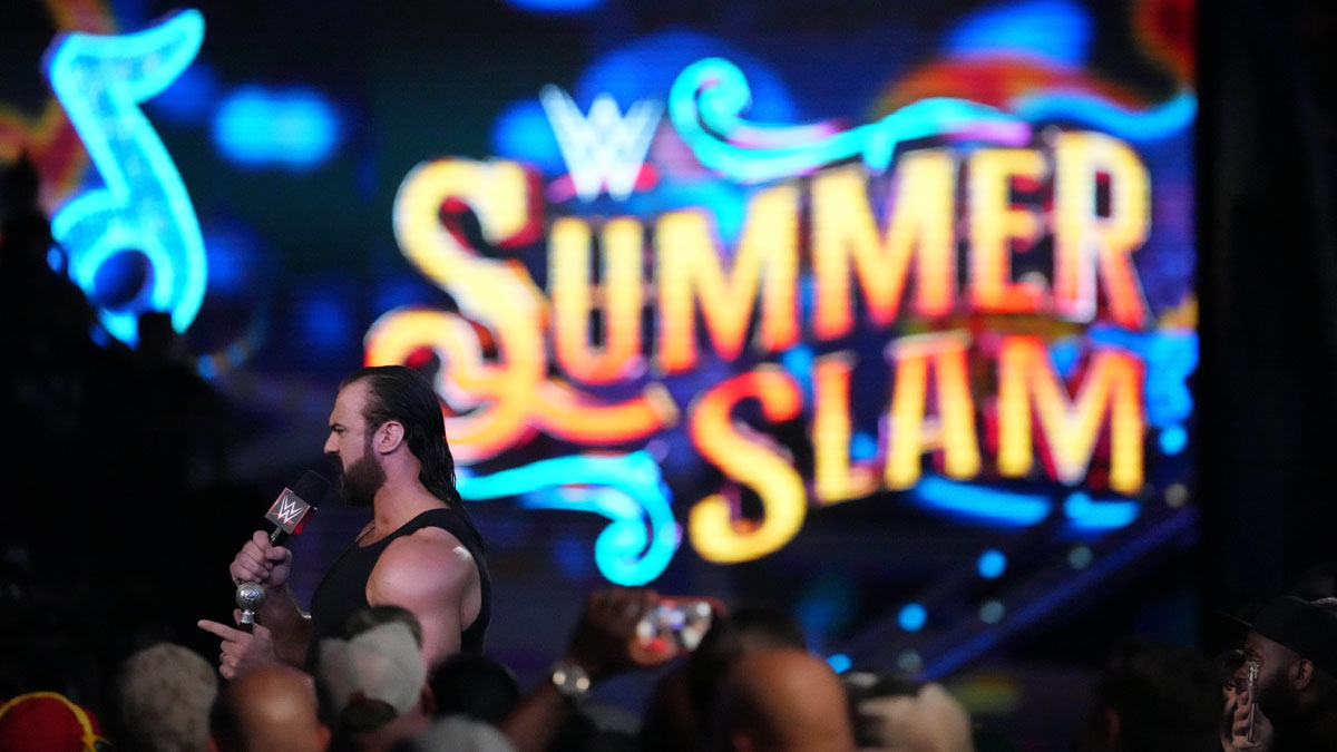 Drew McIntyre speaking at WWE SummerSlam in 2022.