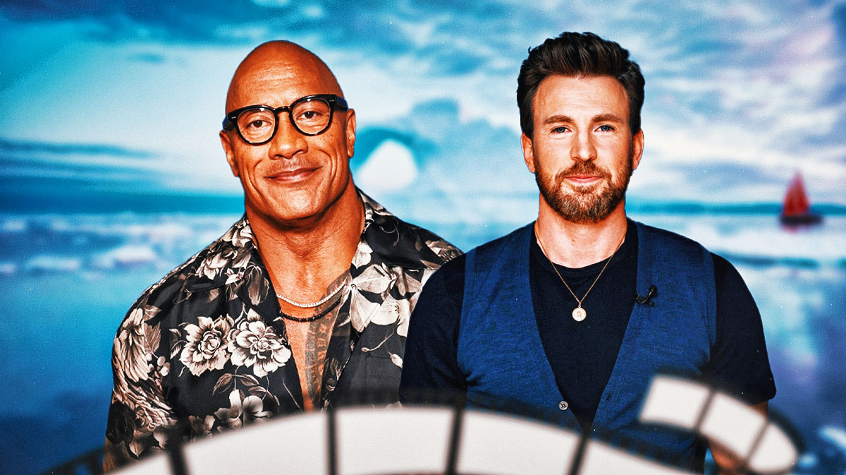Red One movie stars Dwayne Johnson and Chris Evans with North Pole background.