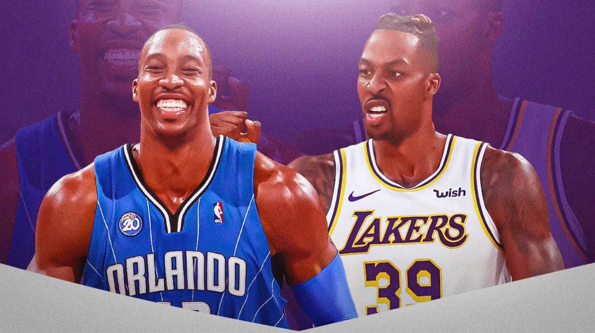A double image of Dwight Howard: one of him in his Orlando Magic jersey and the other of him in his LA Lakers jersey, NBA post game social media troll