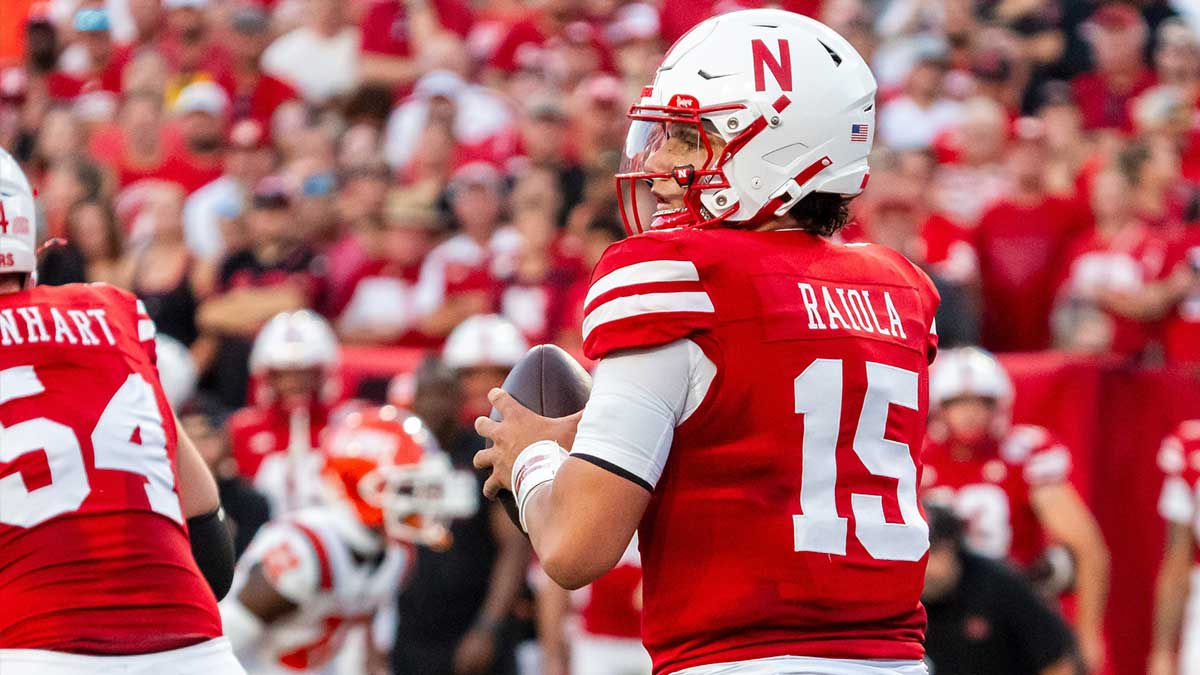 Nebraska Cornhuskers quarterback Dylan Raiola (15) drops to throw against the Illinois Fighting Illini during the first quarter at Memorial Stadium