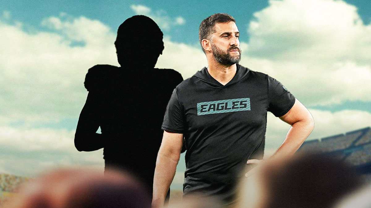 Nick Sirianni next to the blacked-out silhouette of Parris Campbell with Lincoln Financial Field as the background.