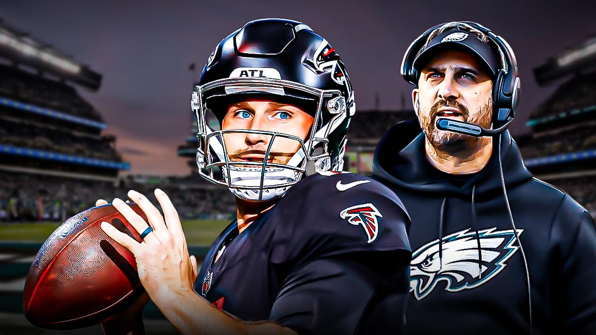 Nick Sirianni next to Kirk Cousins in front of Lincoln Financial Field.