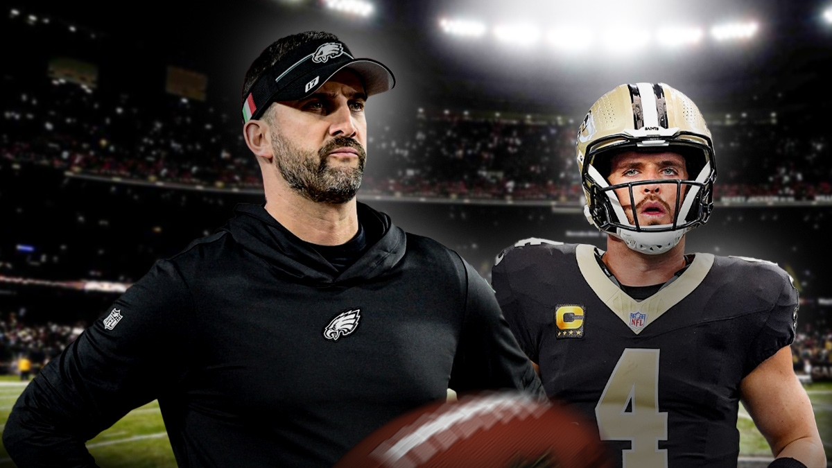 Nick Sirianni next to Derek Carr with the Saints Stadium as the background.