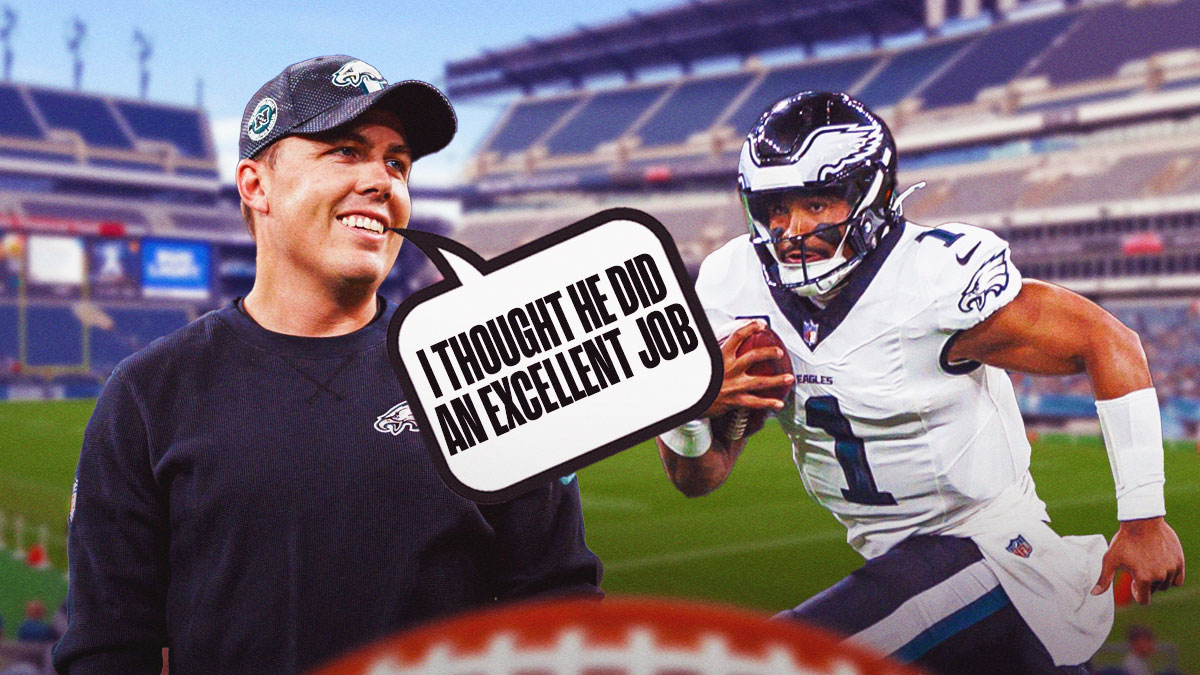 Kellen Moore with a text bubble reading "I thought he did an excellent job" next to Jalen Hurts in front of Lincoln Financial Field.