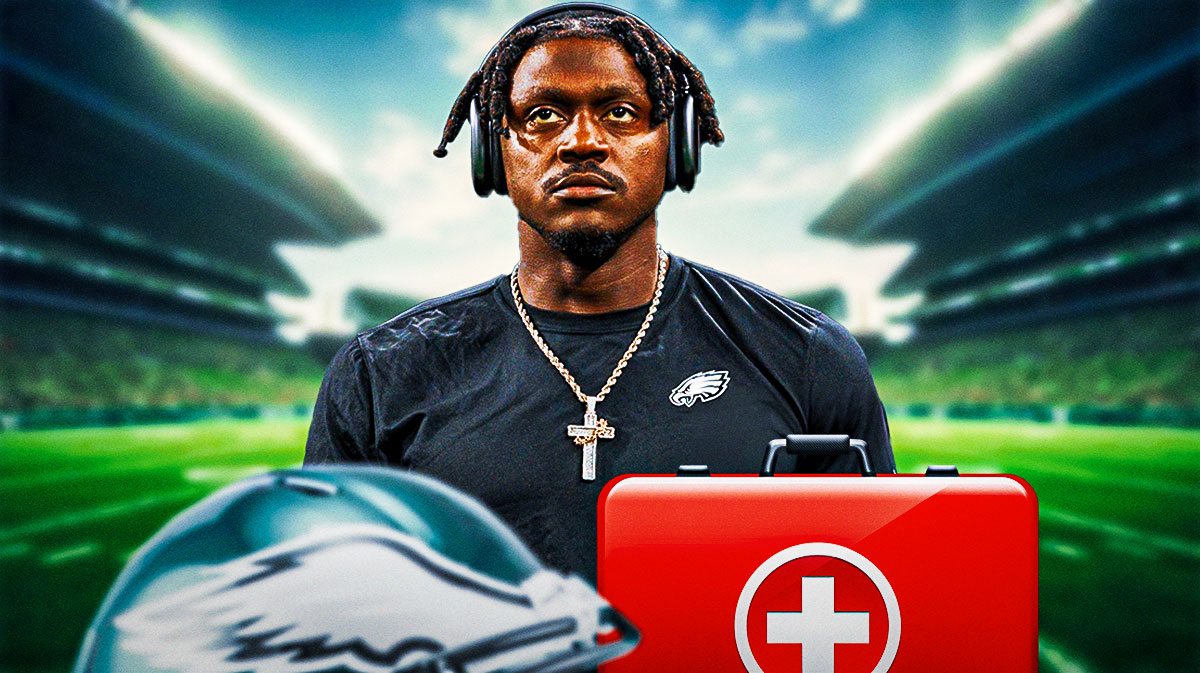 Eagles' AJ Brown with injury box next to him