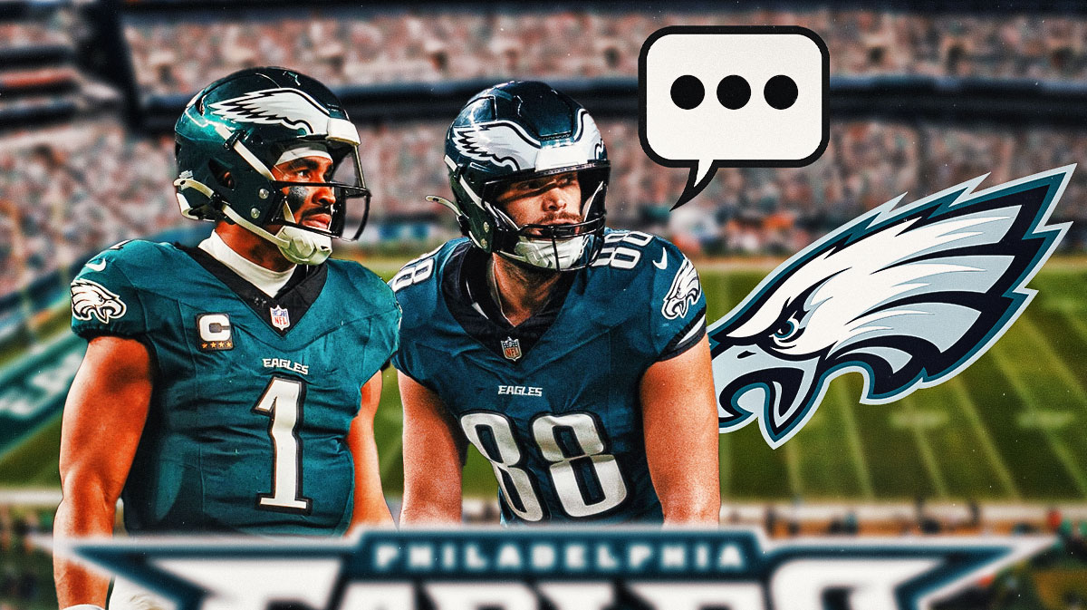 Philadelphia Eagles tight end Dallas Goedert with QB Jalen Hurts. Goedert has a speech bubble with the three dots emoji inside. There is also a logo for the Philadelphia Eagles.