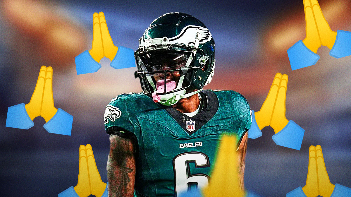 Philadelphia Eagles wide receiver DeVonta Smith surrounded by prayer hand emojis