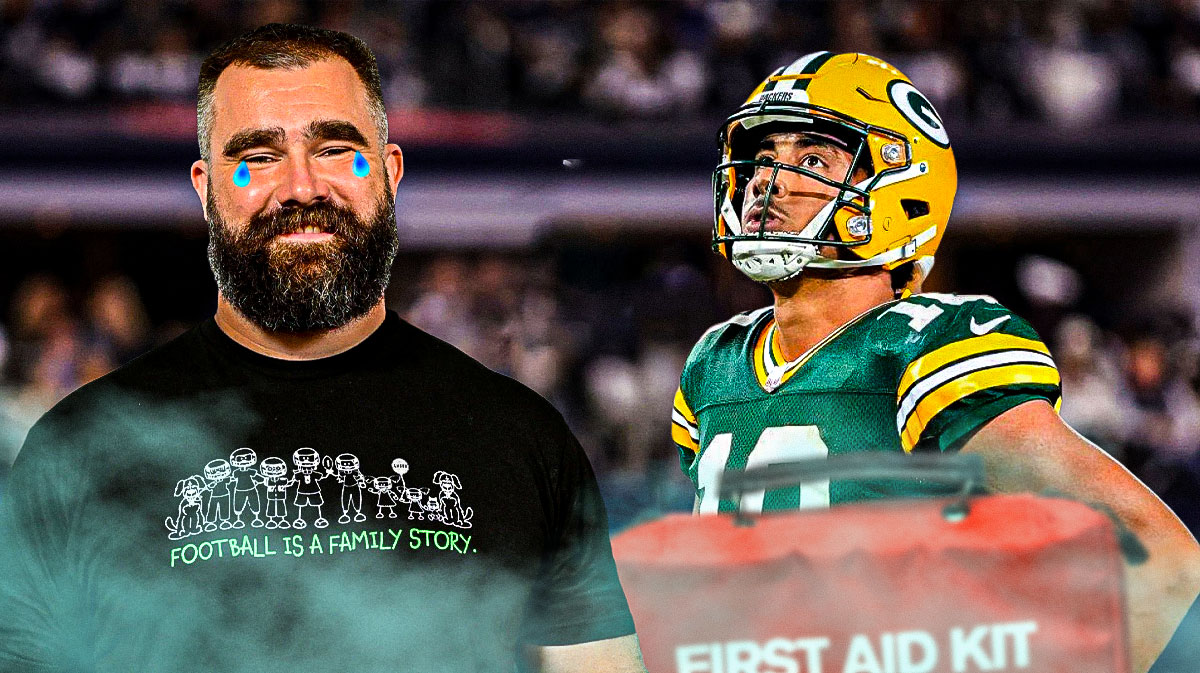 Jason Kelce with an emoji team on his face next to Packers Jordan Love with a first aid kit in front of him.