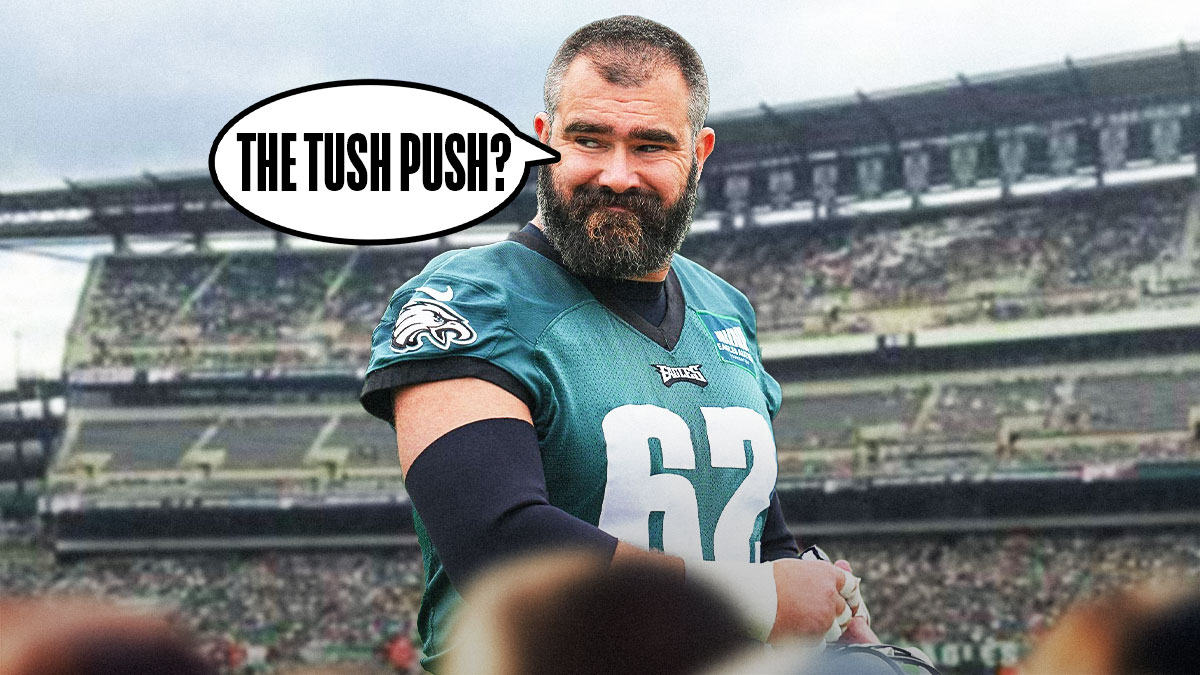 Jason Kelce with a text bubble reading "The Tush Push?" in front of Lincoln Financial Field.