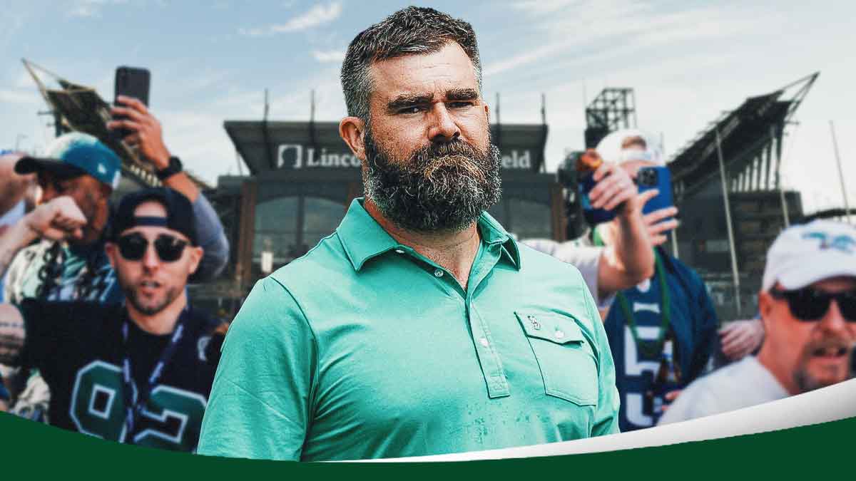 Jason Kelce outside Lincoln Financial Field surrounded by Eagles fans as the ex-Eagle is tailgating before Philly's Monday Night Football game with Eagles fans.
