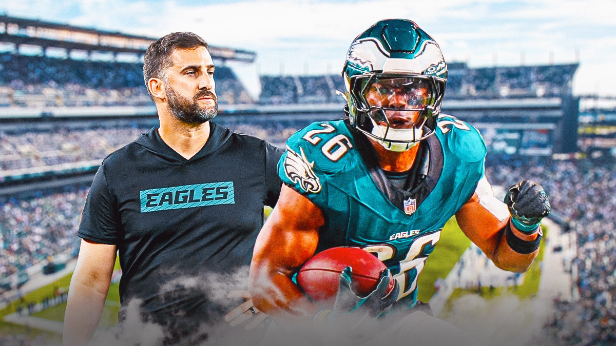 Nick Sirianni next to Saquon Barkley in front of Lincoln Financial Field
