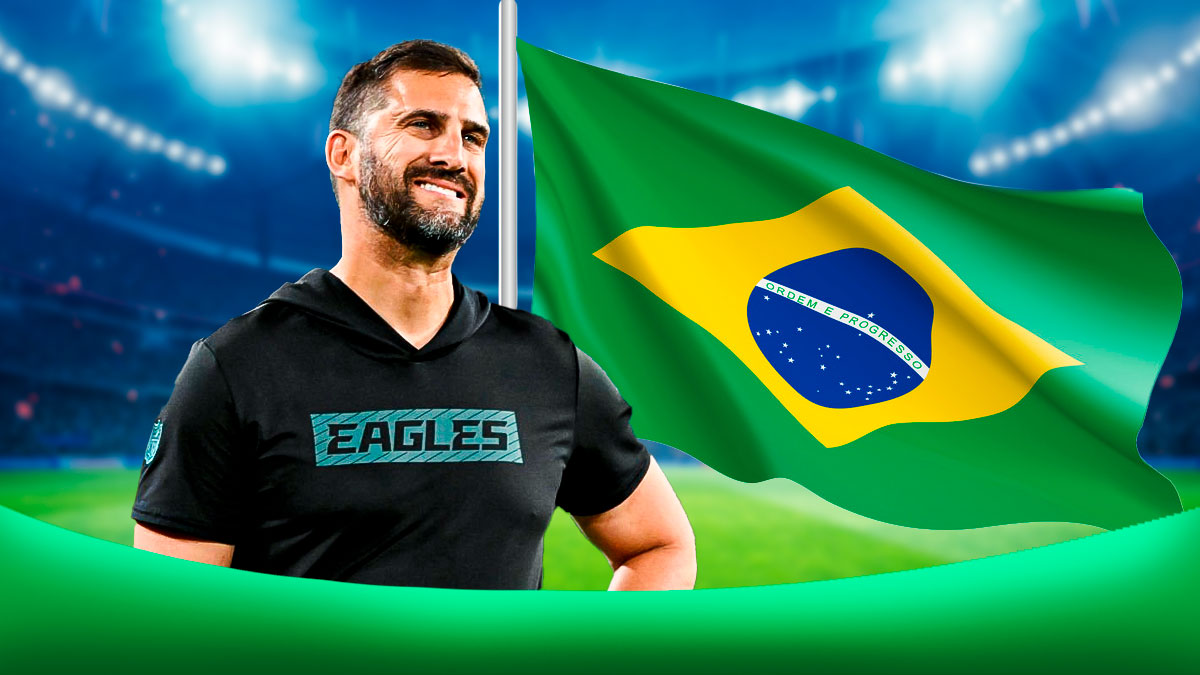 Nick Sirianni next to Brazil flag