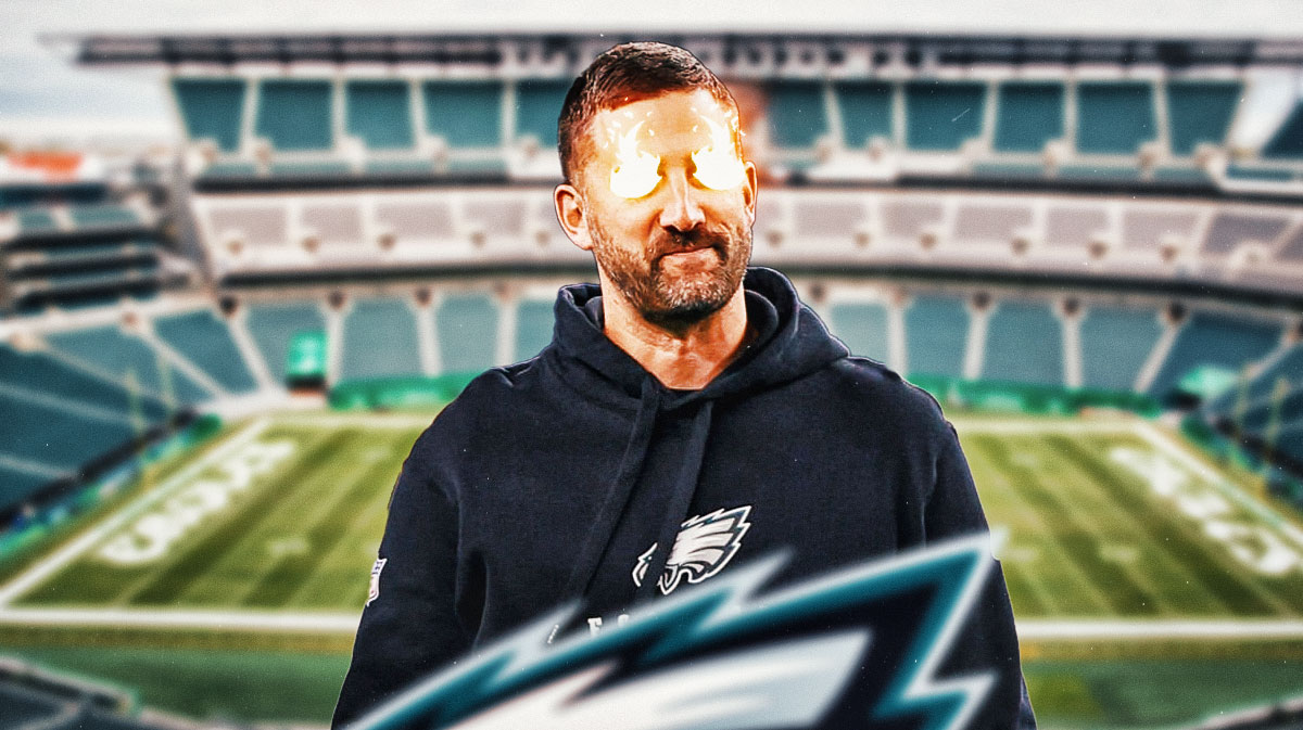 Nick Sirianni with fire in eyes and Eagles fans background.