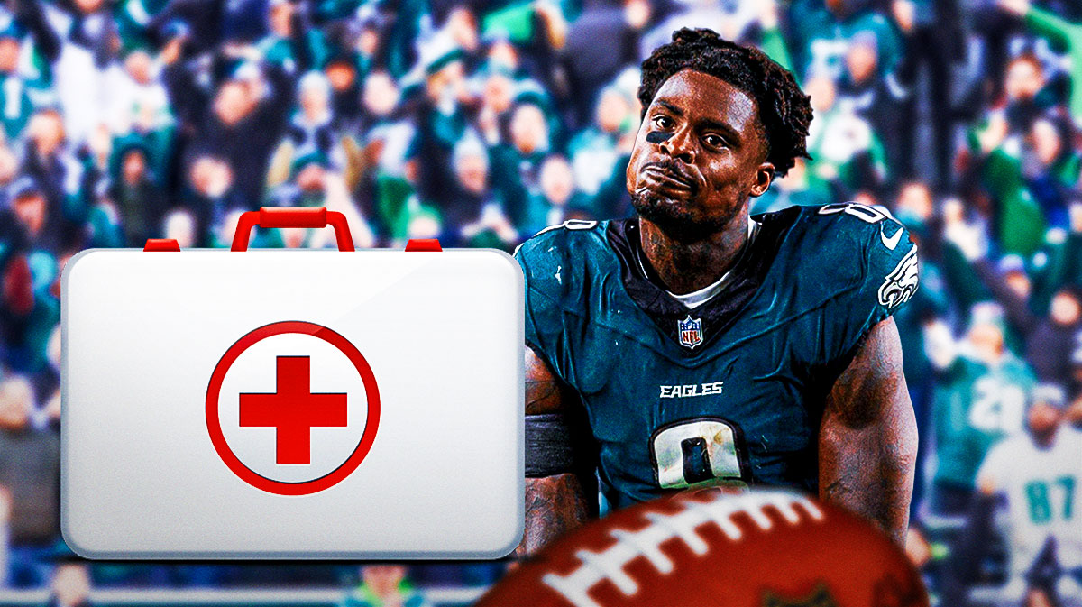 C.J. Gardner-Johnson on one side with an injury kit in front of him, a bunch of Philadelphia Eagles fans on the other side with the big eyes emoji around them